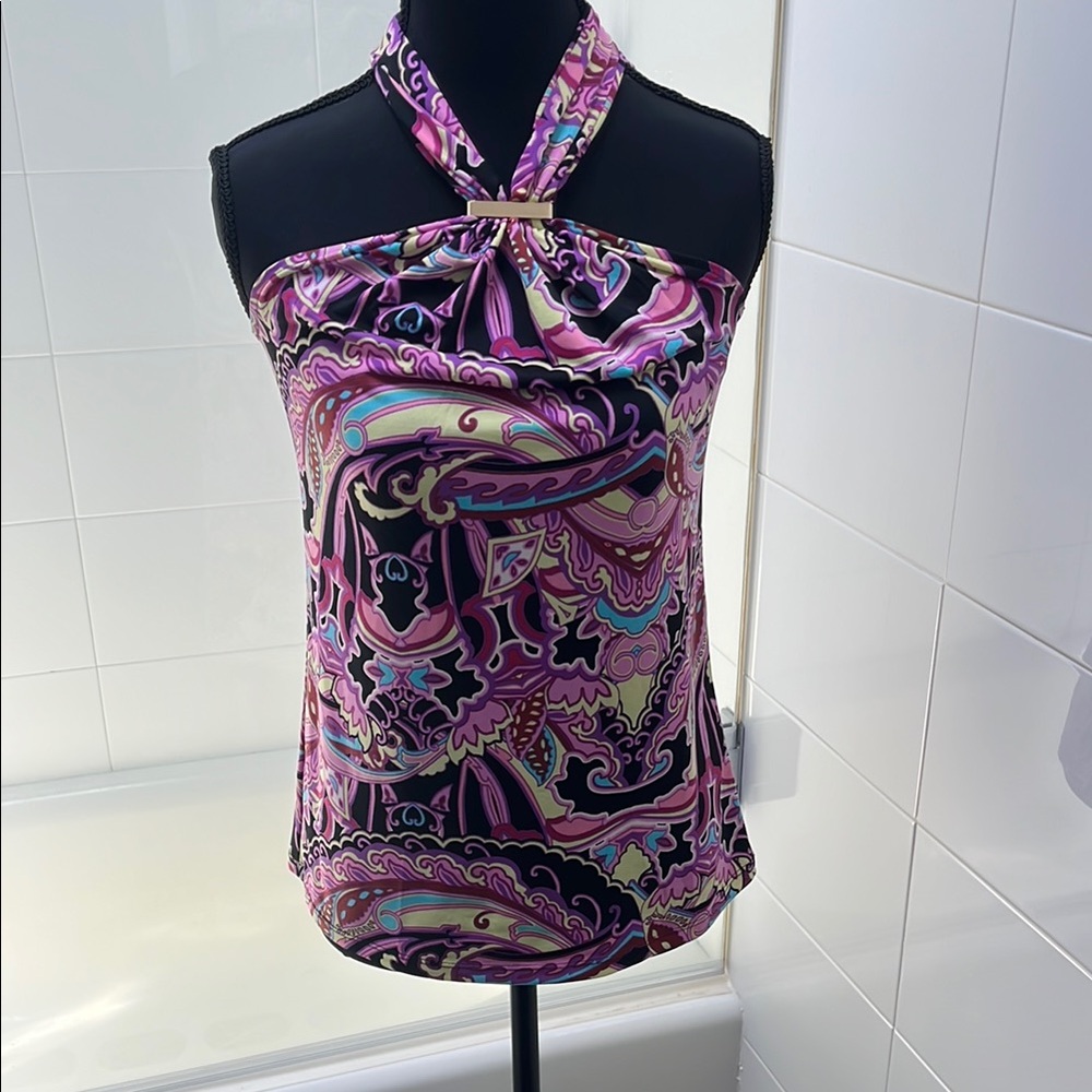 Jennifer Lopez Pink and Black Paisley Halter Tank Top